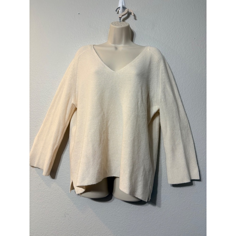 Nordstrom Signature 100% Cashmere V-Neck Ribbed Tunic Sweater Cream Ivory Medium